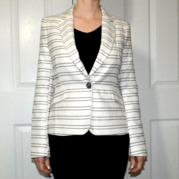 Cream Jacket Black Stripe Zara Basic Winter White Office Work Wear Woman S - Picture 3 of 10